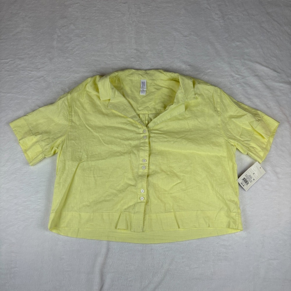 Stars Above Pajama Top Womens Small Yellow Linen‎ Blend Short Sleeve Botton Down